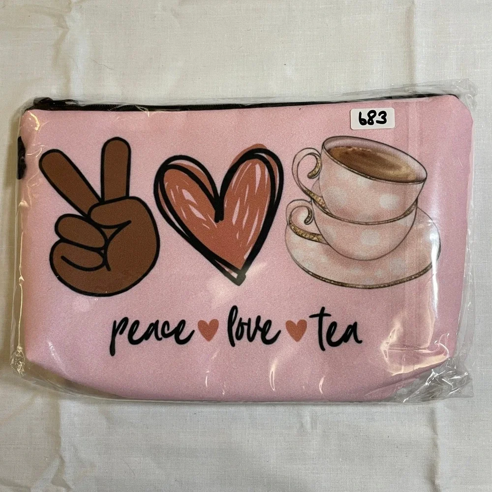 The Pouch Peace Love Tea Accessory Bag Women Small Pink NWT Graphic Zipper Case